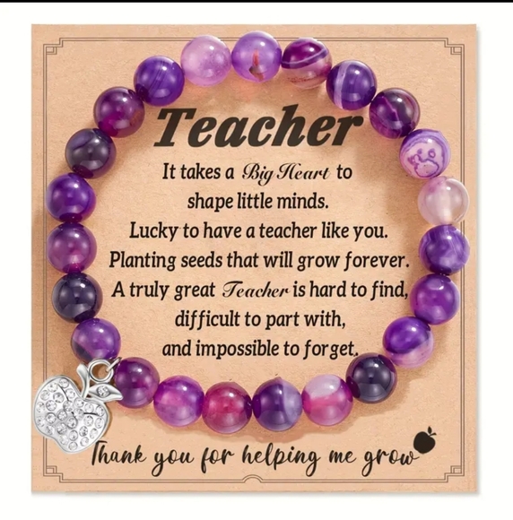 NEW! Natural Stone Beaded Bracelets w/ Rhinestone Apple 🍎 Charm ~ 🎄Teacher 🎁 - Picture 2 of 8